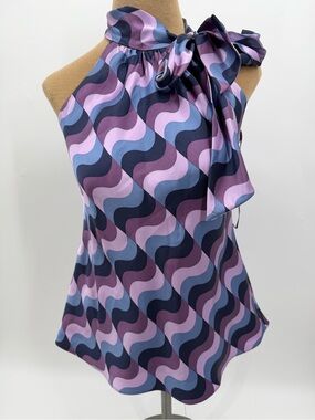 Y2K Retro Wave Print Scarf Neck Halter Top Purple Blue